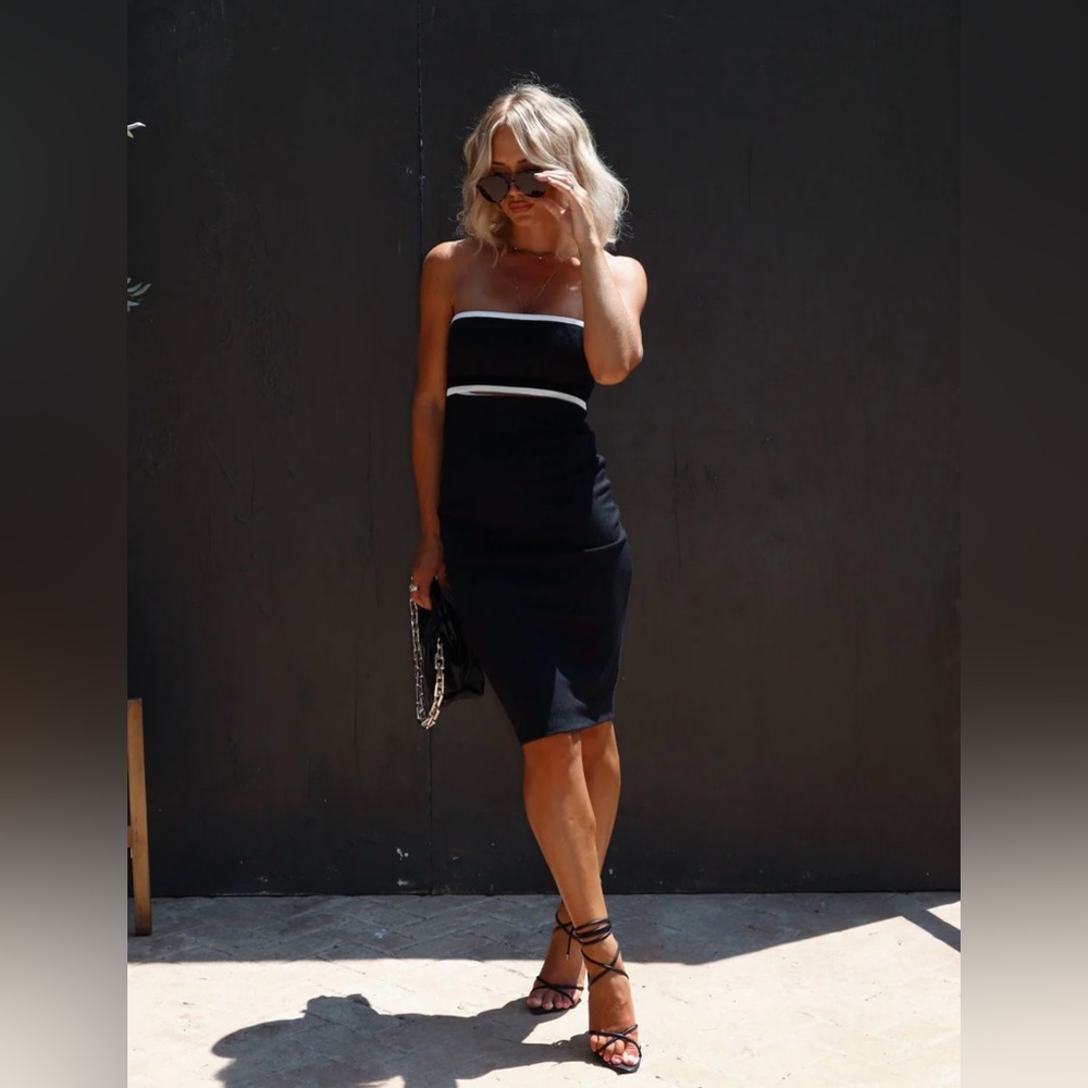 Tyche Black Strapless Midi Dress with White Trim